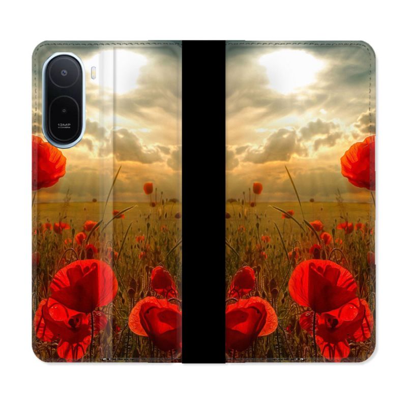 Housse Cuir Portefeuille Pour Xiaomi Redmi A7 Pro Fleur Coquelicot