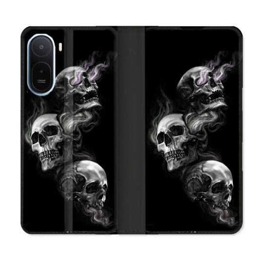 Housse Cuir Portefeuille Pour Xiaomi Redmi A7 Pro Tete de Mort Triple