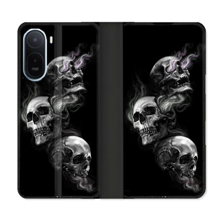 Housse Cuir Portefeuille Pour Xiaomi Redmi A7 Pro Tete de Mort Triple
