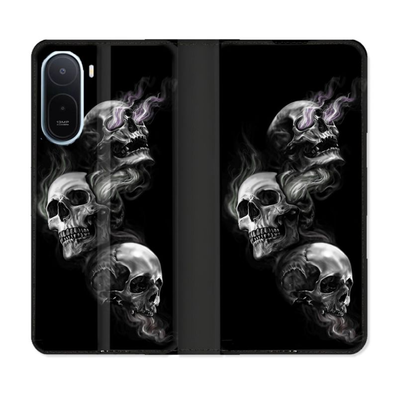 Housse Cuir Portefeuille Pour Xiaomi Redmi A7 Pro Tete de Mort Triple