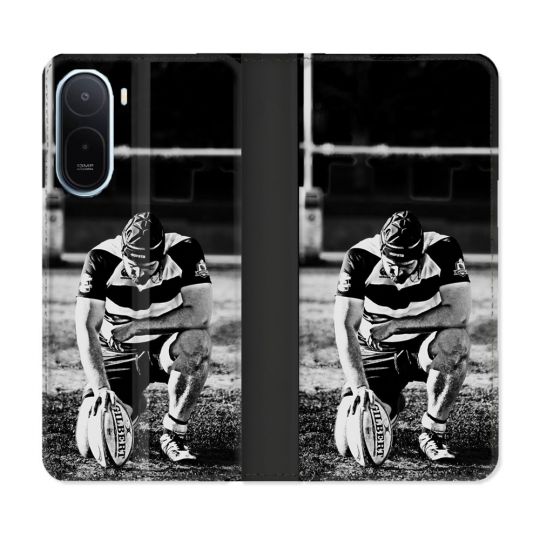 Housse Cuir Portefeuille Pour Xiaomi Redmi A7 Pro Sport Rugby Noir Blanc