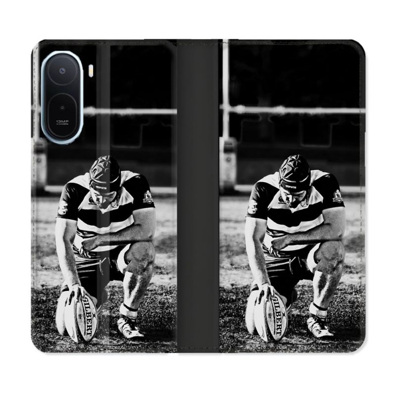 Housse Cuir Portefeuille Pour Xiaomi Redmi A7 Pro Sport Rugby Noir Blanc